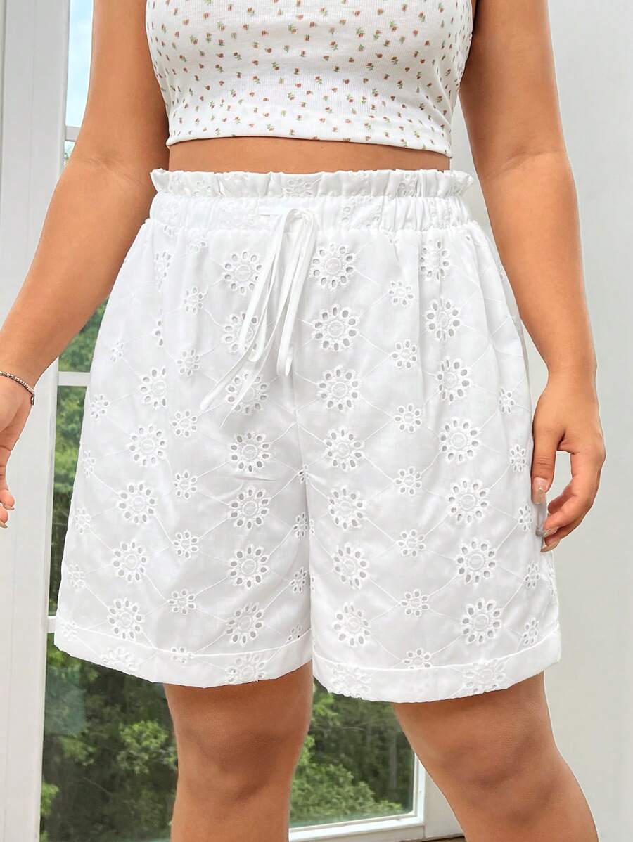 SHEIN EZwear Women's Plus Size White Shorts With Embroidery, Elastic Waistband, Bow Tie Belt, Loose Fit, Wide Leg Design, Made Of Woven Fabric With Small Holes And Ruffle Hem For Summer