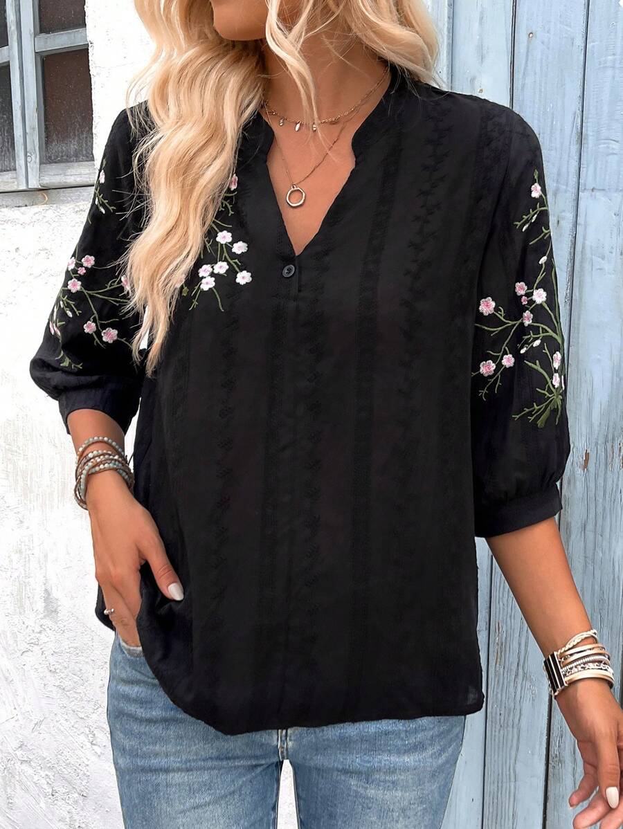 EMERY ROSE Women Fashionable Shirt With Floral Embroidery, Notched Collar And 3/4 Sleeves