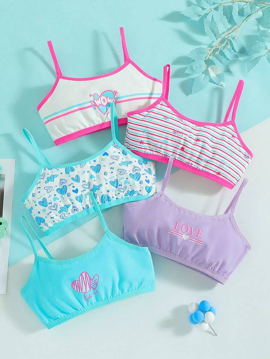 5 Stücke Set Für Tween-mädchen Mit Süßem Herz-, Buchstaben-, Streifen- Und Blumenmuster