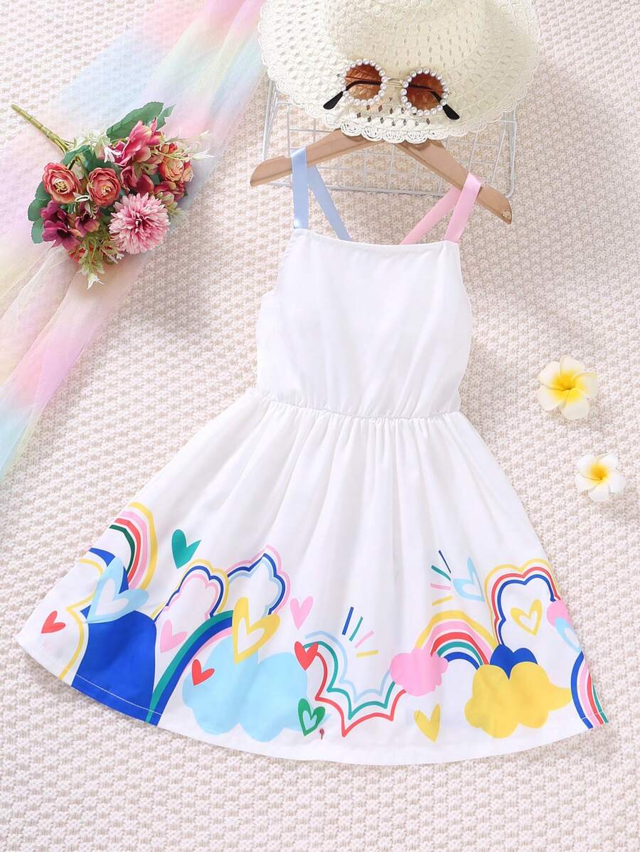 SHEIN Young Girl Rainbow & Heart Print Cami Dress