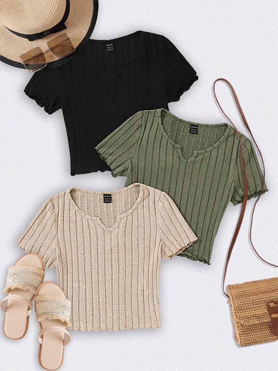 SHEIN LUNE 3 Pièces/ensemble T-shirt À Manches Courtes Tricoté Pour Femme Avec Ourlet Déchiré Et Encolure En V