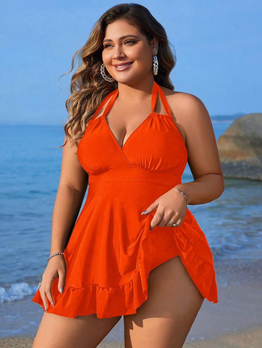 Swim Lushoire Plus Size Solid Halter Ruffle Trim Swim Dress, Perfect For Vacation, Summer Beach Bathing Suit