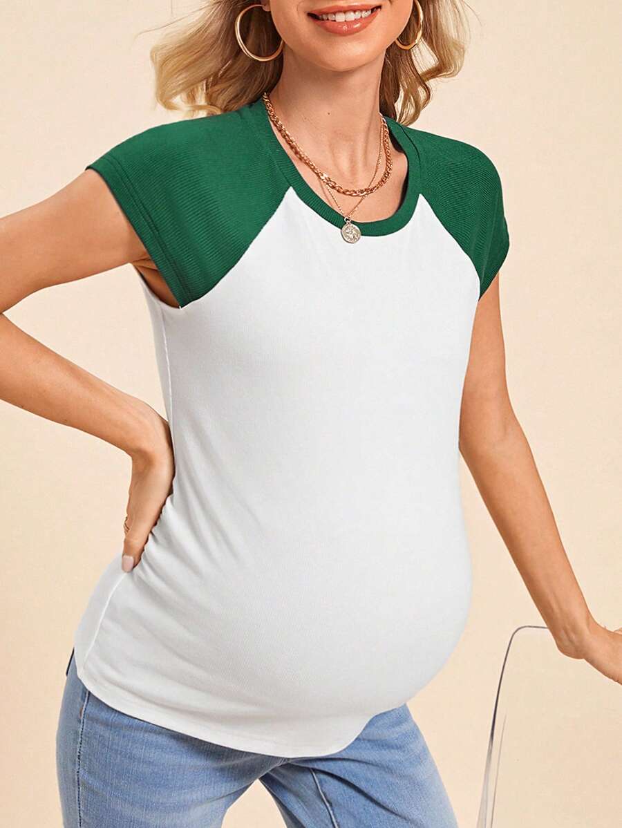 SHEIN Maternity Young Casual Round Neck Short Sleeve Regular Fit Colorblock Slim Pregnancy T-Shirt