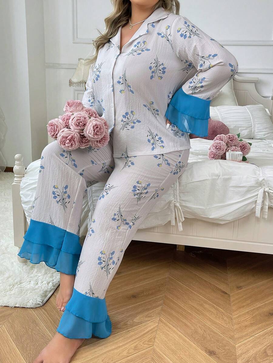 Color Block Long Sleeve And Long Pants Printed Pajama Set In Plus Size