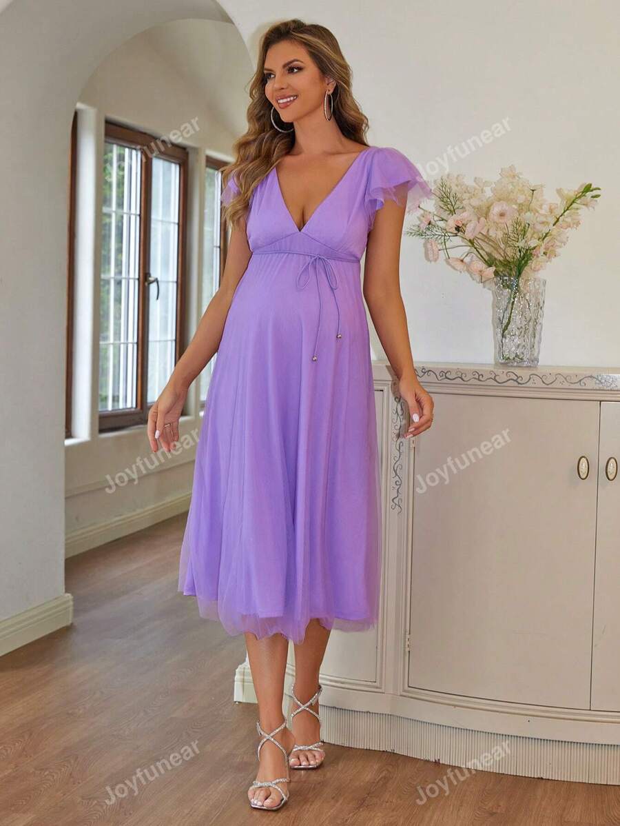 Joyfunear Maternity V-Neck Ruffle Sleeve Solid Dress