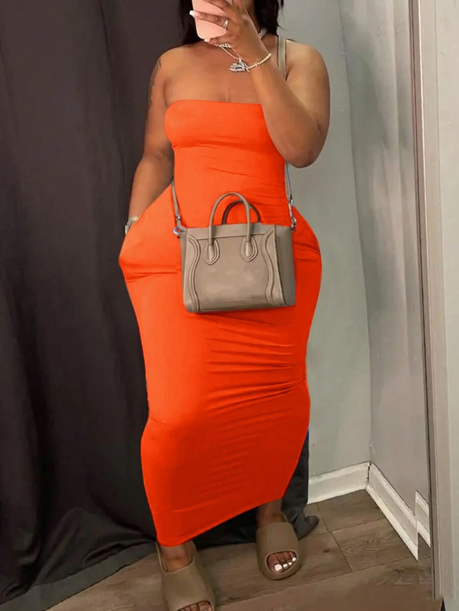 Slaydiva Plus Size Elegant Casual Solid Color Women Strapless Dress With Slim FIt And Pockets