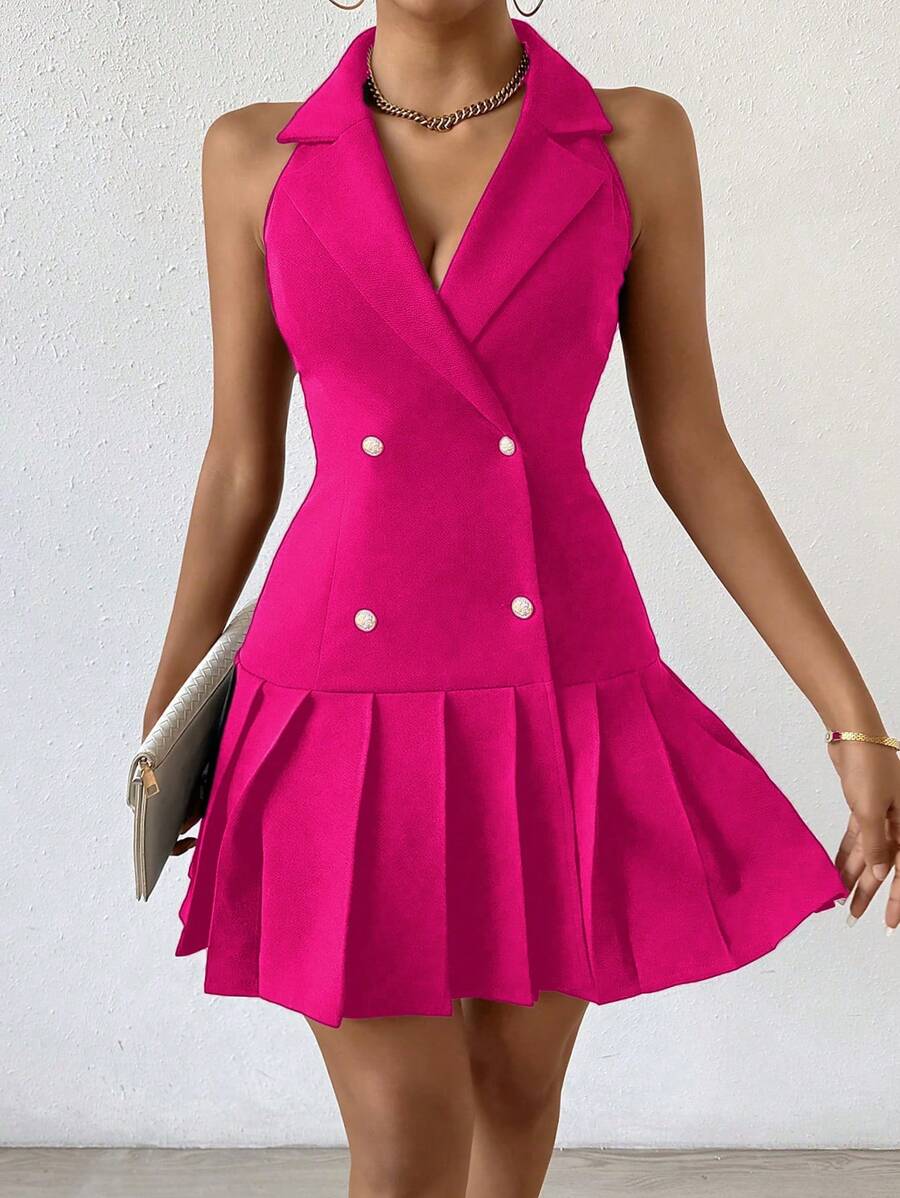RosyDaze Women Summer Solid Color V-Neck Sleeveless Double-Breasted Elegant Dress With Pleated Hem