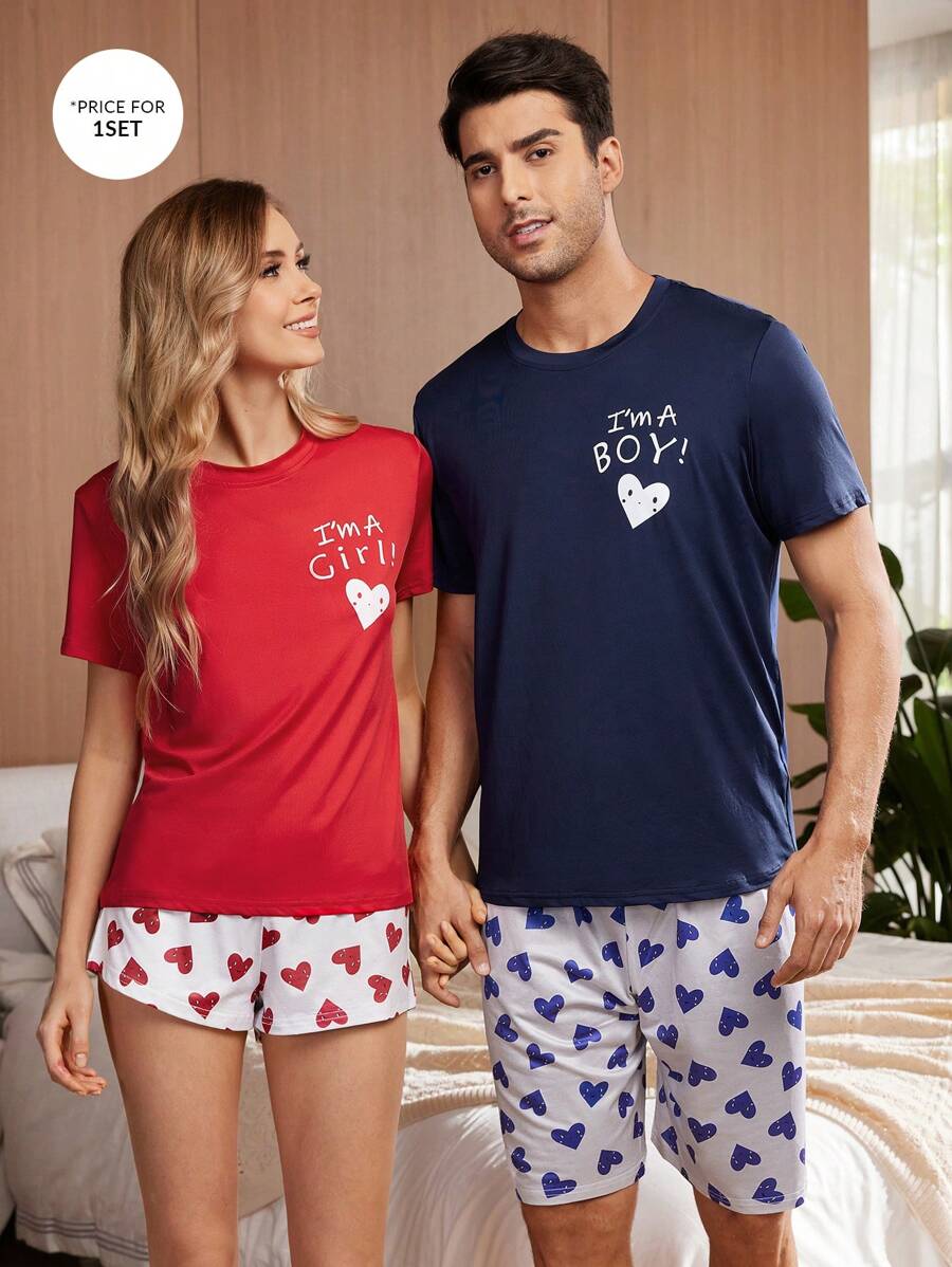 Women Letter Print Short Sleeve Top And Heart Pattern Shorts Sleepwear Set For Summer