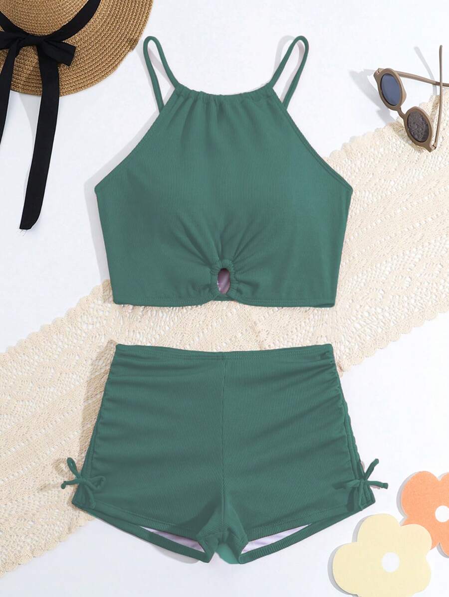 Conjunto de bikini para adolescente con correa de espagueti de unicolor con decoración lateral de lazo y conjunto de bikini