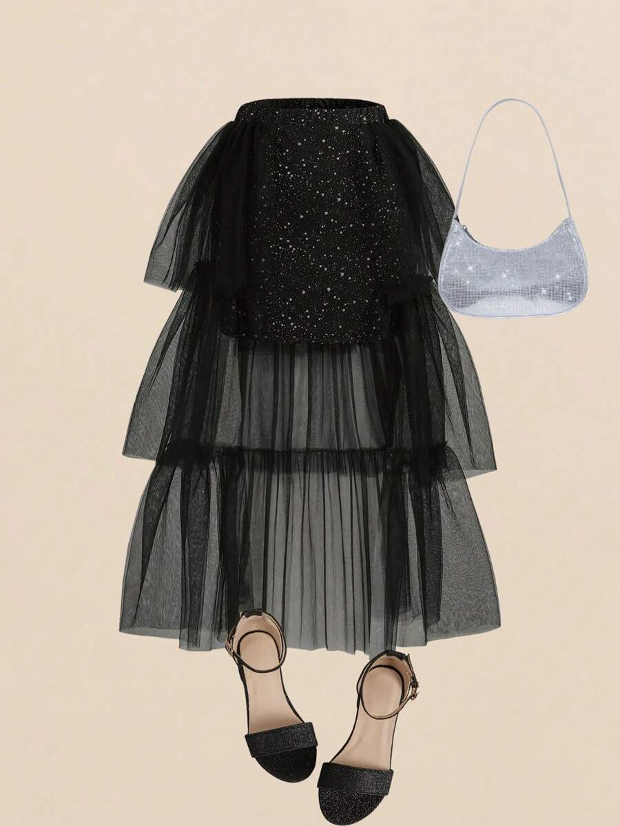 SHEIN Falda De Tul Elegante Y Brillante Para Fiesta De Chica Adolescente (diseño 2 En 1)