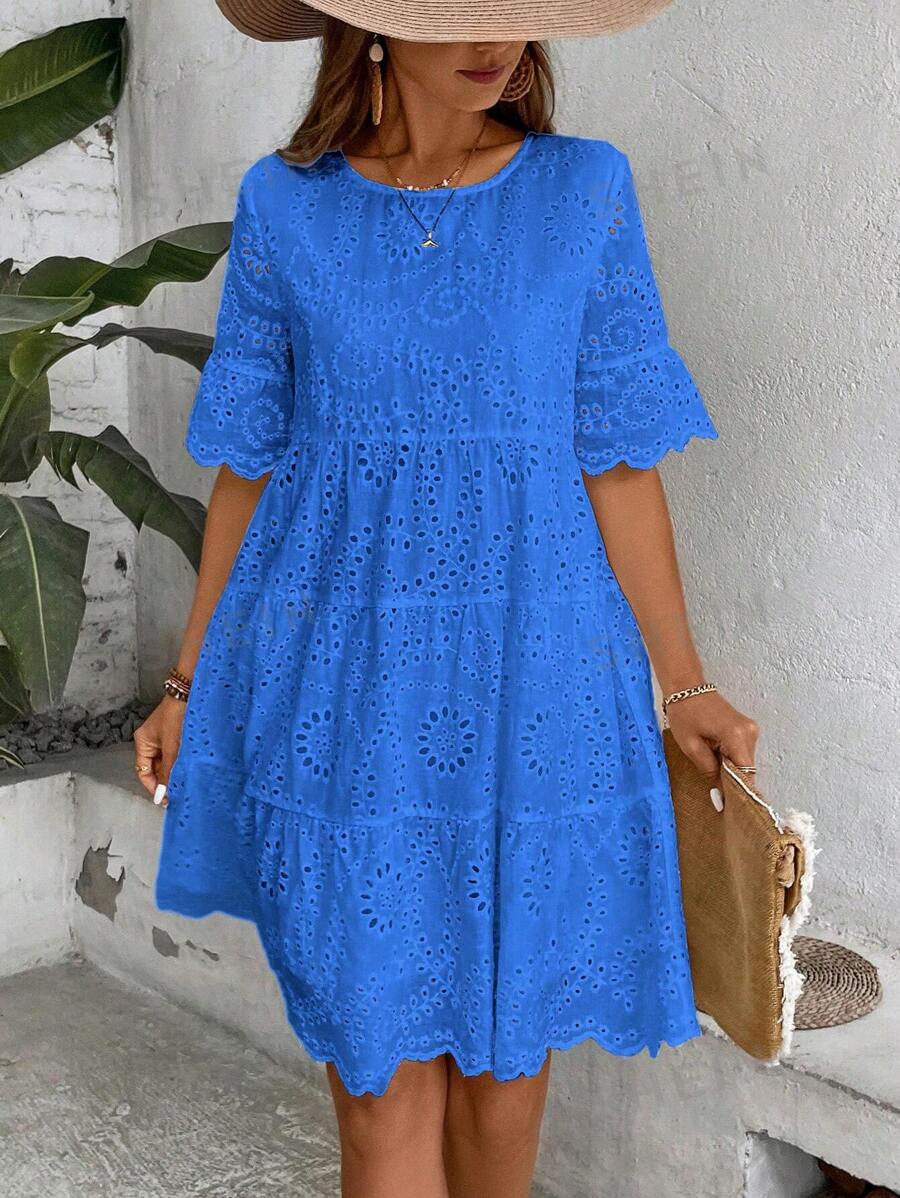 EMERY ROSE Vestido de vacaciones de ocio para mujeres de unicolor con bordado de calado