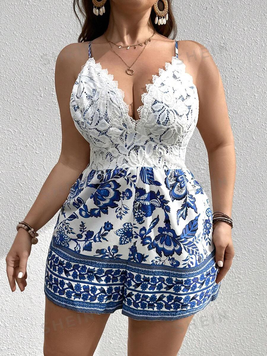 Breezaya Mono de verano bohemio de talla grande con diseño sin espalda y tirantes con lazo, con estampado floral, encaje y bloques de color