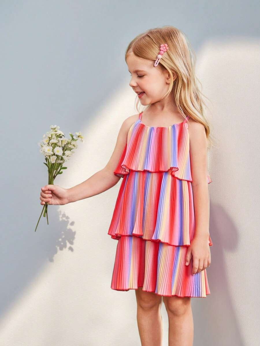 SHEIN Vestido de Verão Fascinante de Camisola Sem Mangas, Colorido com Plissado Soltinho de Camadas para Jovens Meninas Fashionistas
