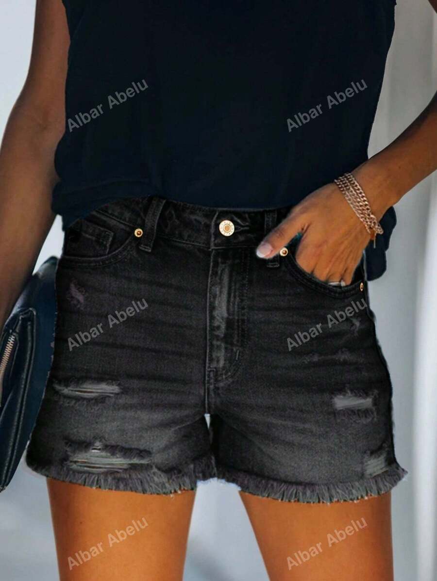 Shorts vaqueros de mujer a media cintura, con efecto rasgado, elásticos, con dobladillo deshilachado y casual