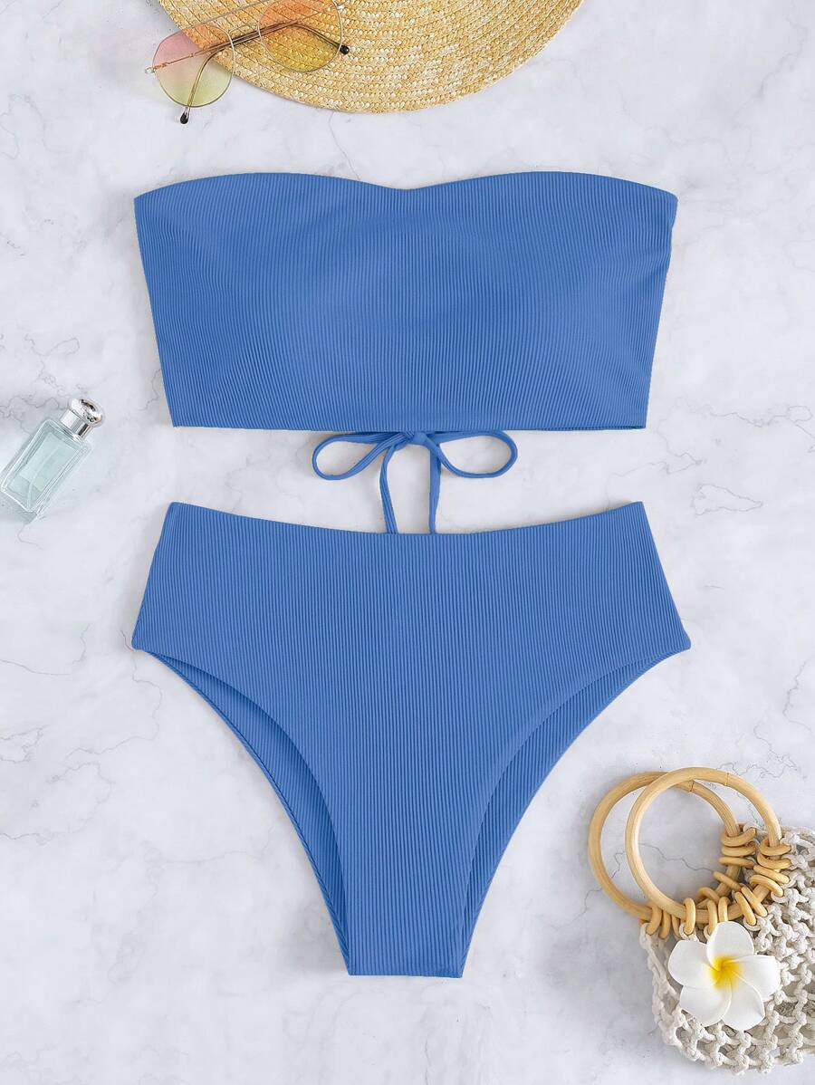 SHEIN Swim Conjunto sexy de bikini sólido Bandeau para mujer, perfecto para vacaciones en la playa de verano