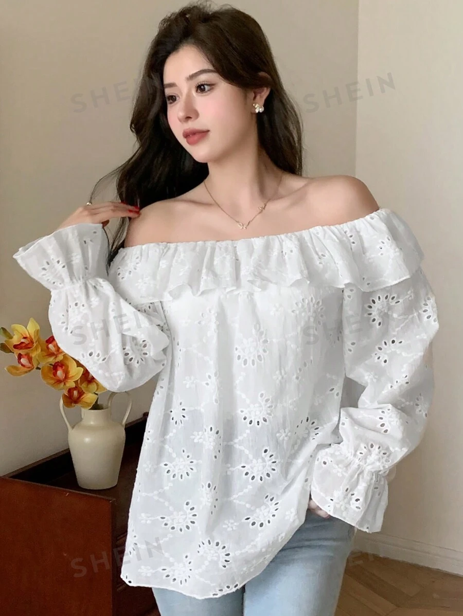 DAZY Camisa suelta de mujer de un solo color con volantes y manga larga, parte superior de hombros descubiertos