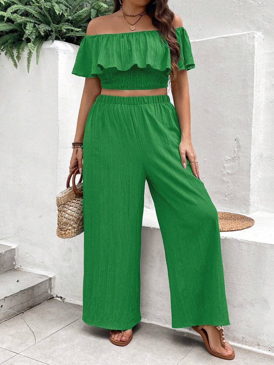 Breezaya Plus Size Holiday Leisure Solid Color Off-Shoulder Ruffle Cropped Top And Wide-Leg Pants 2-Piece Set