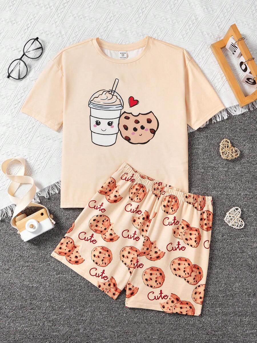 SHEIN Conjunto de pijama de verano para niña preadolescente resistente a las llamas, transpirable y cómodo, con mangas cortas y pantalones cortos.