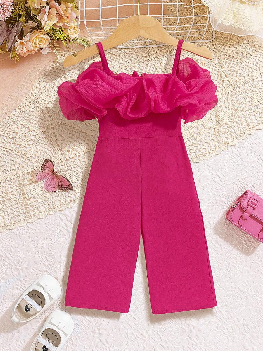 SHEIN Baby Girl Mesh Ruffle Trim Cold Shoulder Jumpsuit , Suitable For Summer Vacation