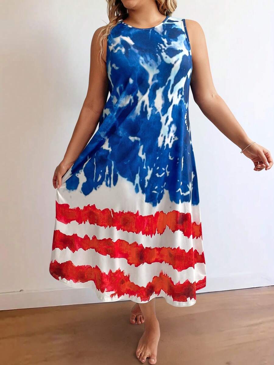 SHEIN LUNE Plus Size Women Summer Tie-Dye Printed Round Neck Sleeveless Casual Dress