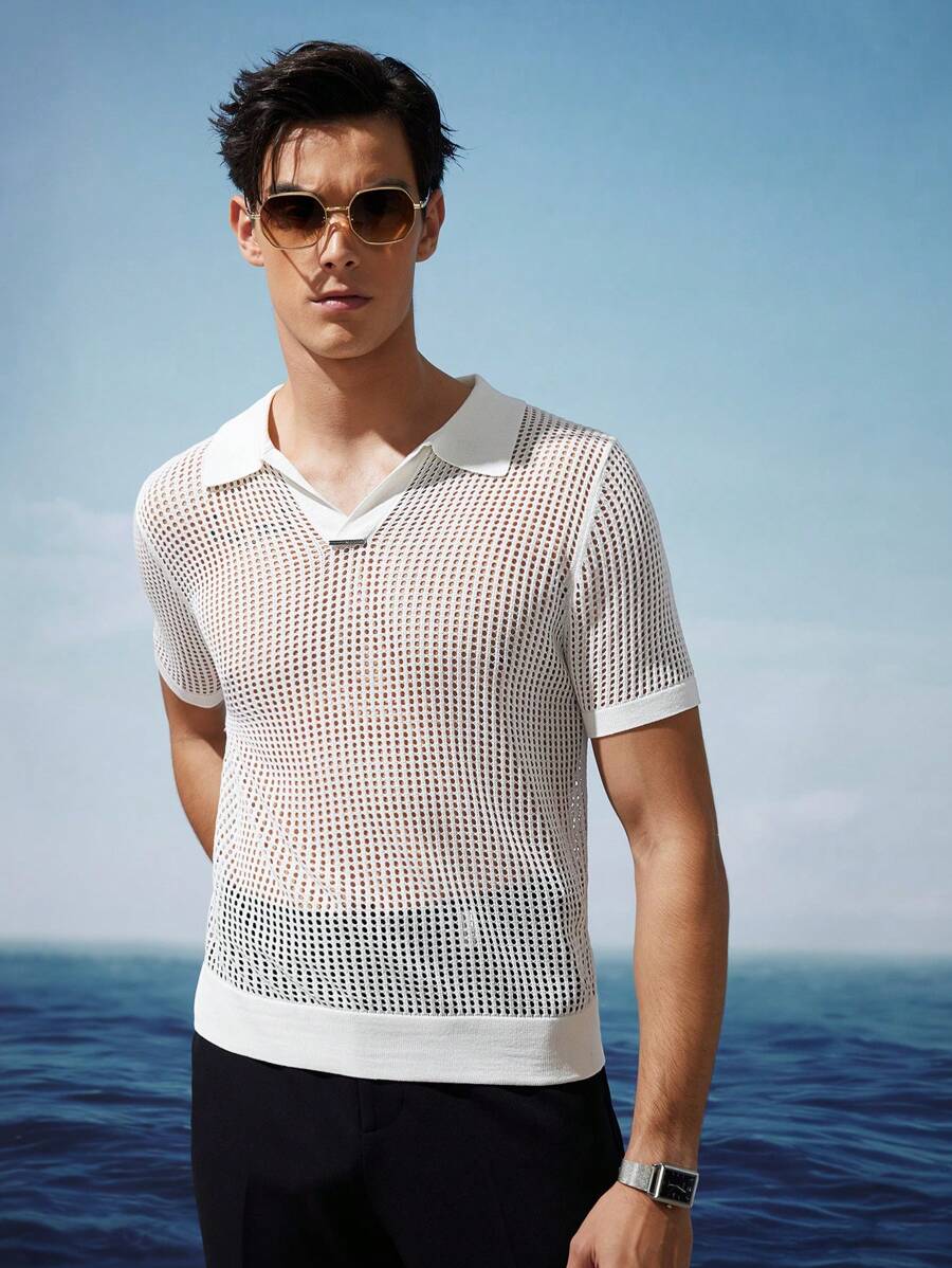 AKNOTIC Business Casual Men's Crochet Knit Summer V-Neck Polo Shirt In White