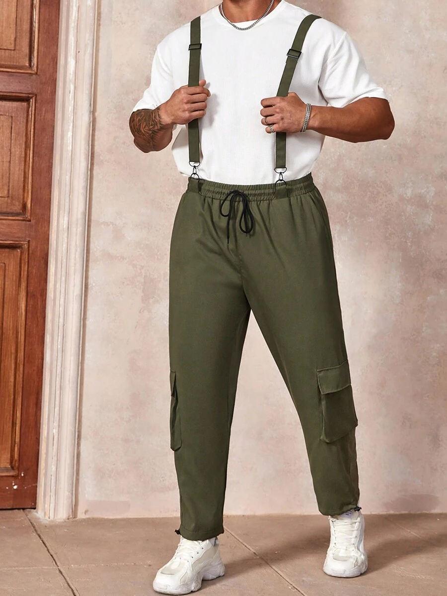 Manfinity Homme Men's Plus Size Drawstring Waist Workwear Jumpsuit With Bib Pockets And Straps