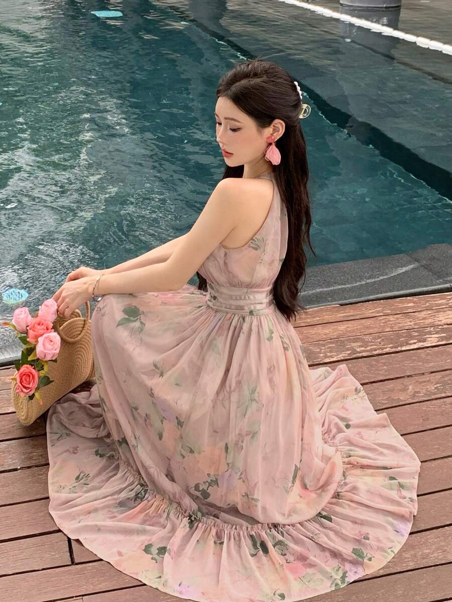 DAZY Women French Style Chiffon Printed Halterneck Dress Sundress