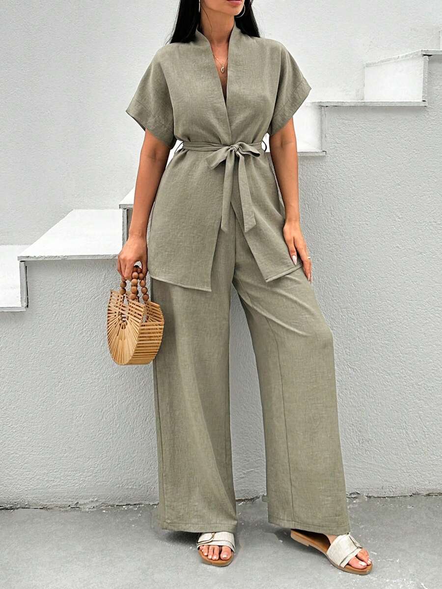 Ensemble cosy de deux pièces roses, blouse à manches chauve-souris kaki ajustée régulière avec ceinture, pantalon pour femmes, tenues décontractées de deux pièces, printemps/été, porter au quotidien