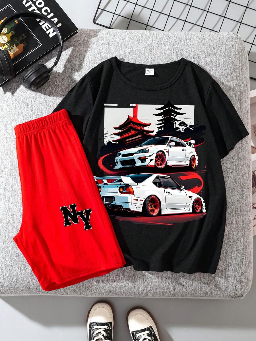 SHEIN Tween-Jungen Set mit einfachem weißen T-Shirt mit kurzen Ärmeln und Shorts mit Sportwagenmuster für den Sommer geeignet
