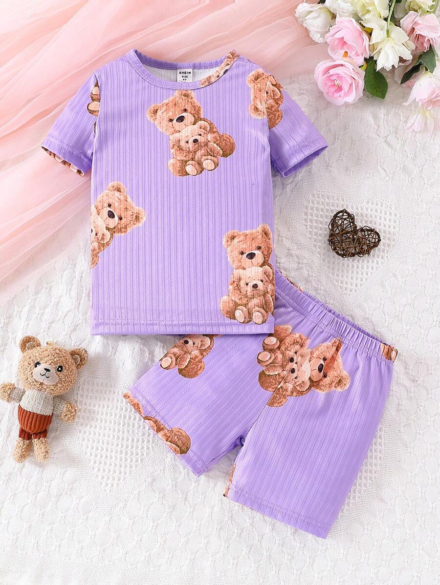 2pcs/Set Young Girl Casual Bear Print Crew Neck Short Sleeve Top And Elastic Waist Shorts Snug Fit Pajama Set