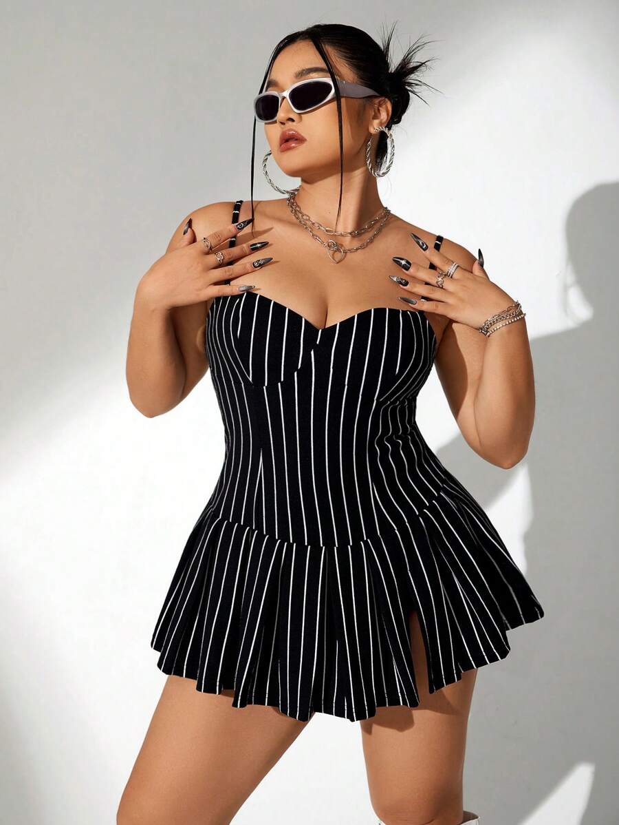SHEIN ICON Plus Size Ladies Plunge Neckline Backless Cross Straps Waist-Tie Pleated Dress With High Front Slit