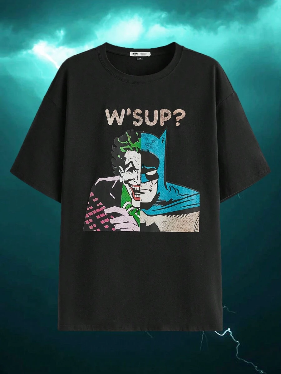 BATMAN X SHEIN Men Casual Drop Shoulder Loose T-Shirt With Anime Character And Slogan Prints For Summer