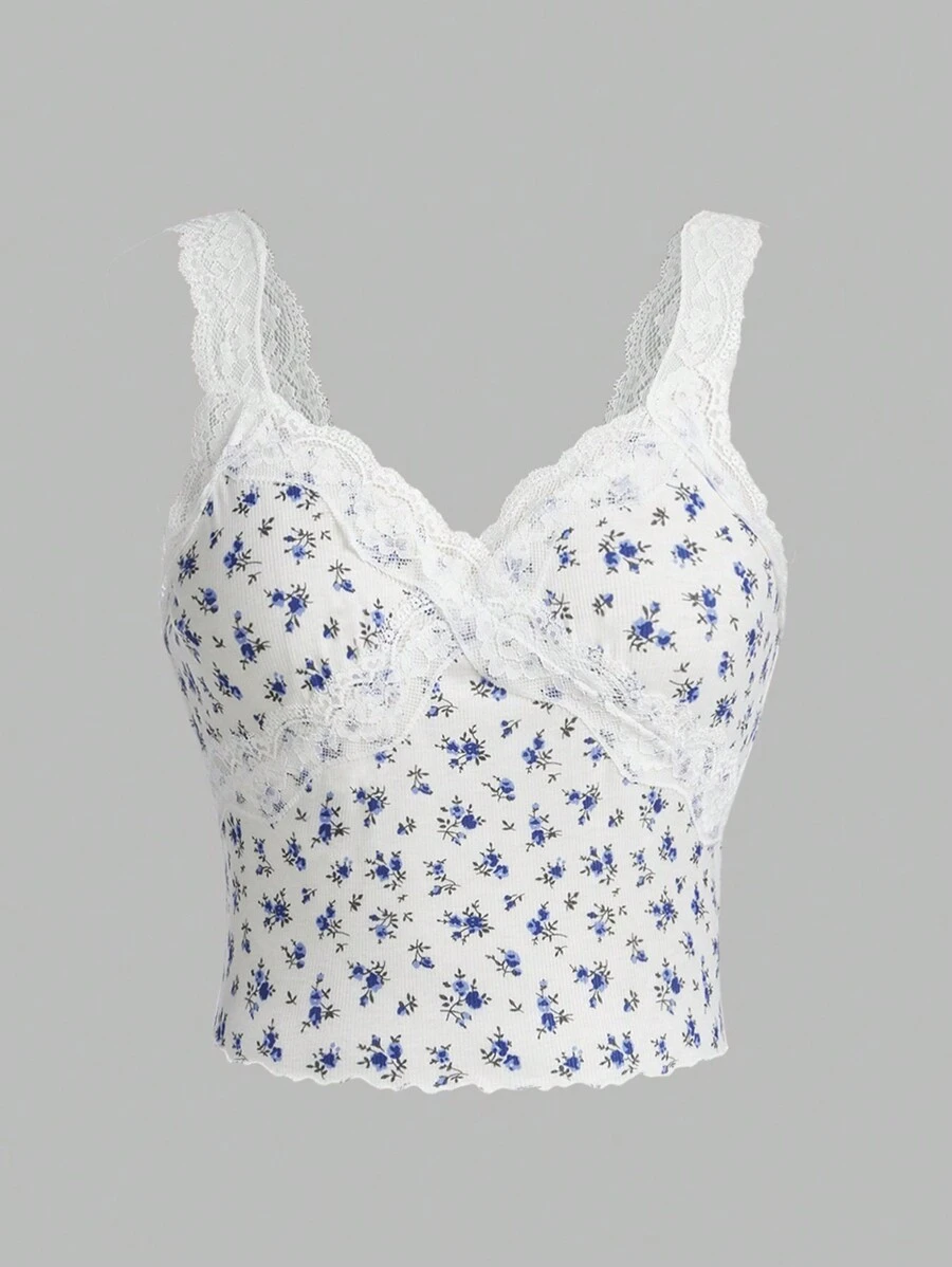 SHEIN Teen Girl Knitted Spliced Lace Trim Floral Pattern Casual Camisole Tank Top Top