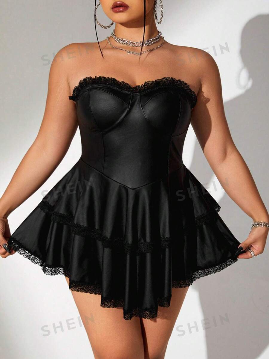 SHEIN ICON Vestido sin tirantes de verano de talla grande con encaje, capas con cordón en la cintura