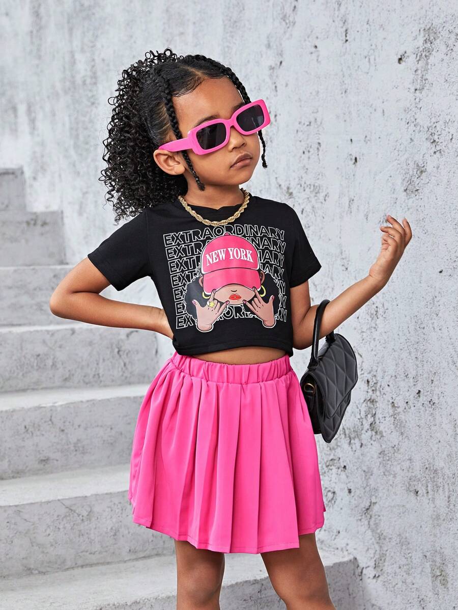 SHEIN Wildeya Conjunto De Duas Peças Com Estampa De Personagens Para Meninas (pequenas) De Manga Curta E Saia Plissada