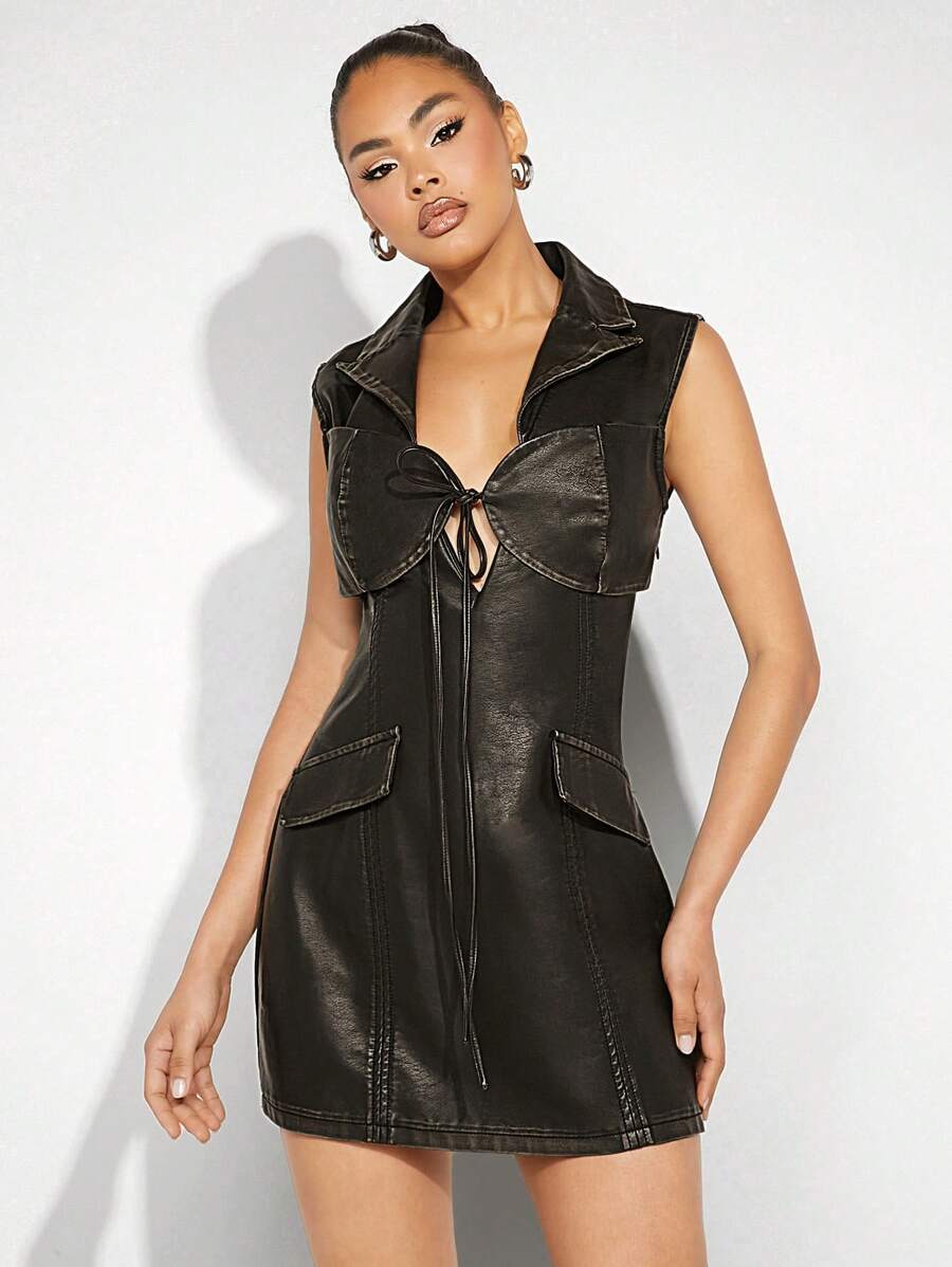 Hauture Tie Front Overlay PU Leather Dress