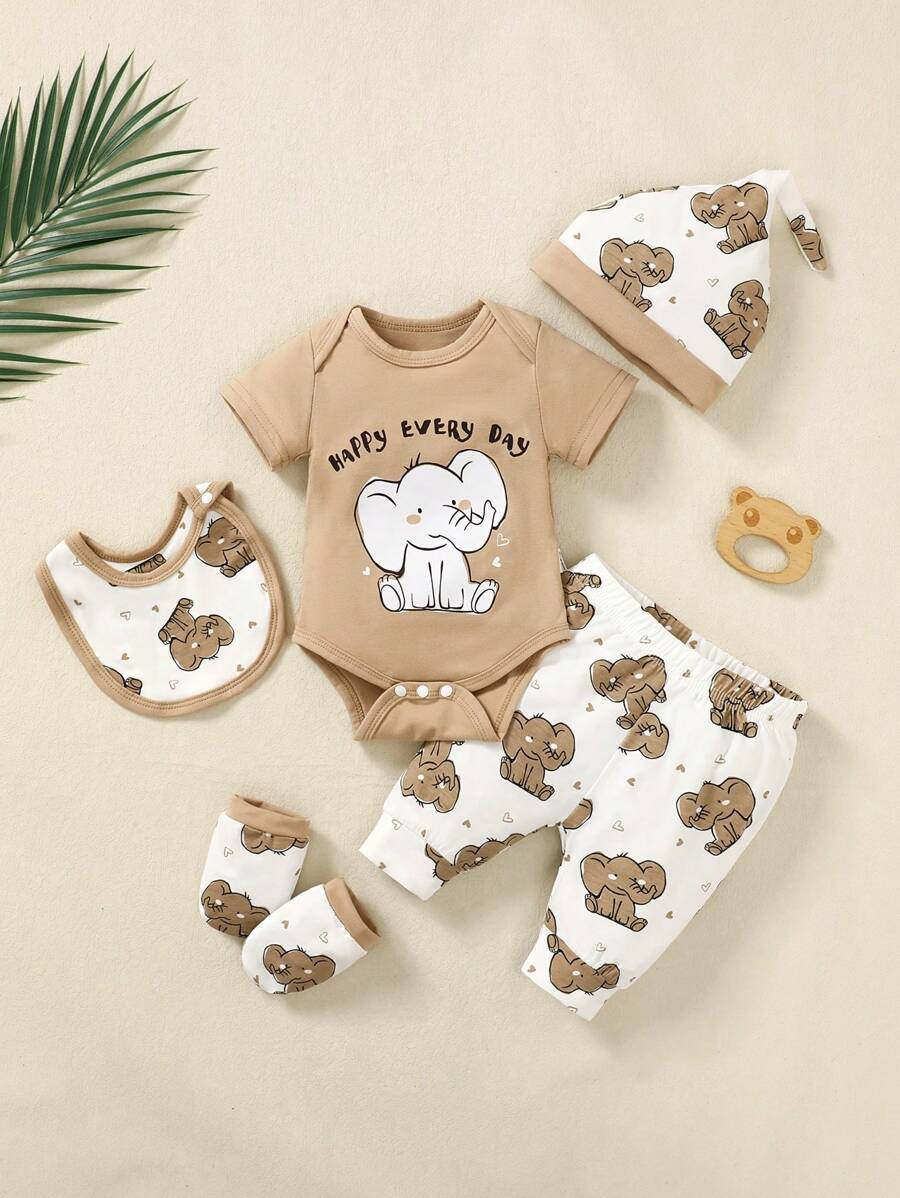 SHEIN Neugeborener Baby Jungen 5 Stücke/Set für den Sommer, niedliches Elefant bedrucktes kurzes Bodysuit und Hose & Hut & Lätzchen & Handschuhe