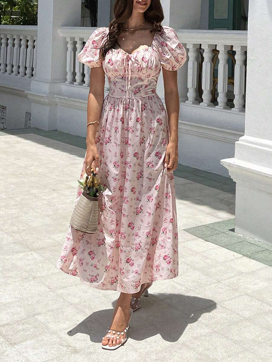 KARISMINA Holiday Women's Floral Print Puff Short Sleeve Dress,For Summer Vacation, Women Summer Clothing