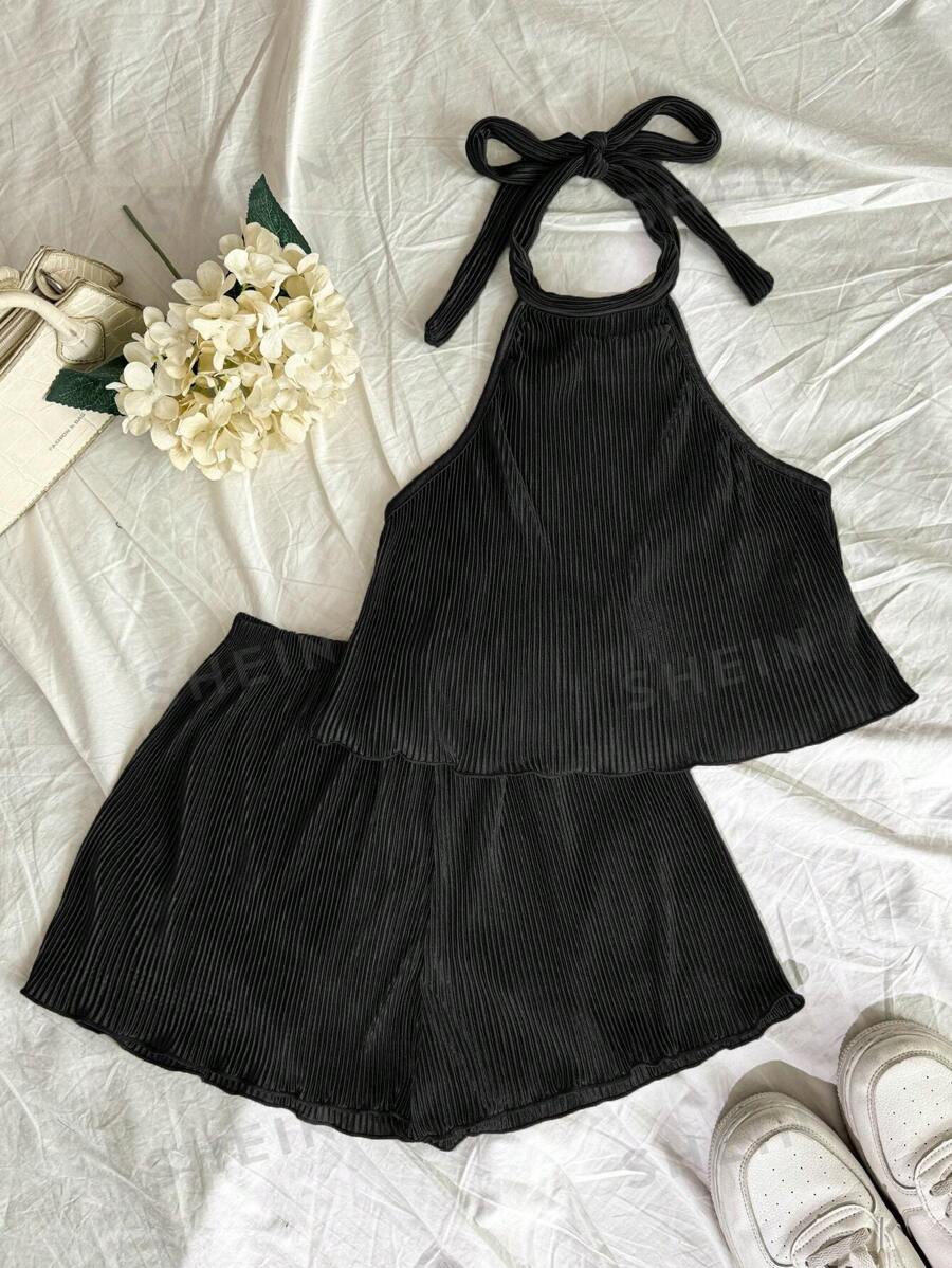 Flirla Conjunto de top halter y pantalones cortos sencillos para mujer