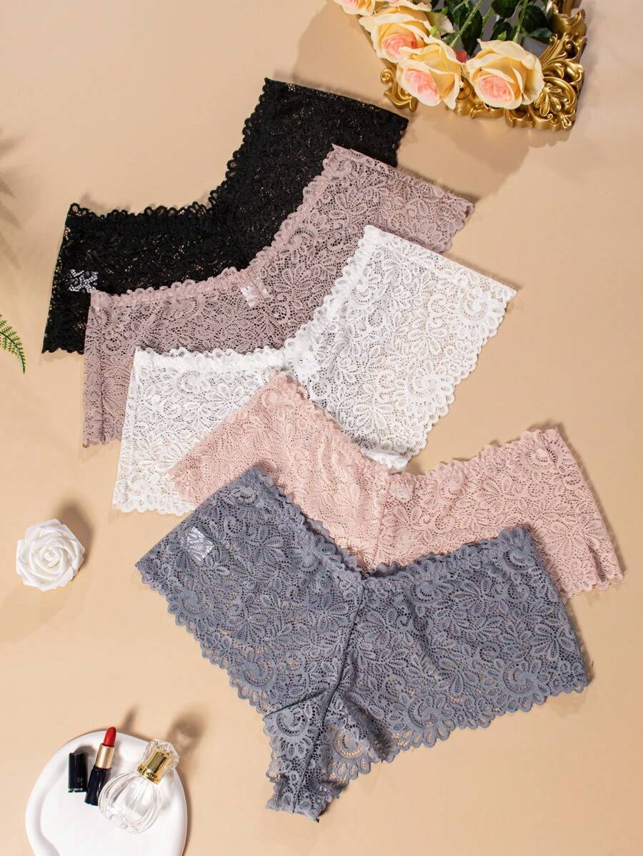Paquete de 5 piezas de ropa interior de encaje de unicolor para tallas grandes