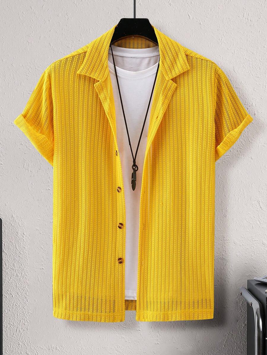 Manfinity Homme Men Summer Casual Short Sleeve Shirt Slim Fit Button Up Collar Plain Shirt, Men's Knit Shirt, Yellow Knit Shirt