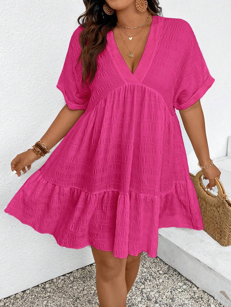 SHEIN Frenchy Plus Size Holiday Casual Solid Color Textured Batwing Sleeve Babydoll Dress