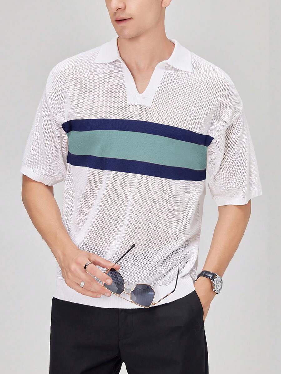 Manfinity Homme Hombres con rayas de manga corta y diseño holgado, Top de punto casual para verano