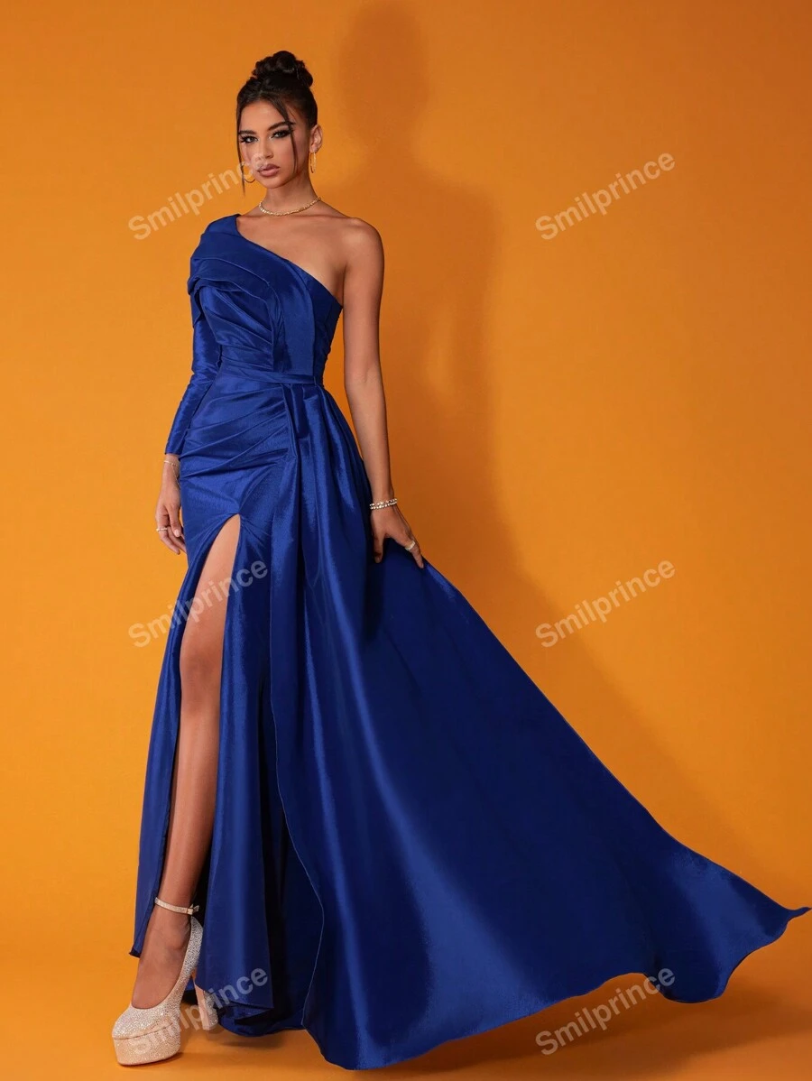 Smilprince Elegancka niebieska jednoramienna sukienka z wysokim rozcięciem i falbaniastymi detalami, elegancka sukienka na imprezę, sukienki balowe dla kobiet, formalna suknia wieczorowa