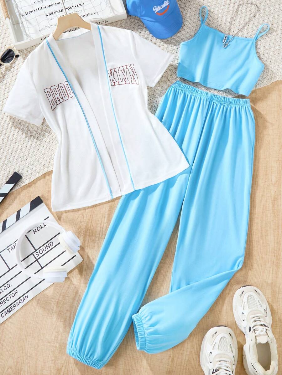 SHEIN Tween Girl Summer Casual Short Sleeve T-Shirt With Letter Print And Solid Color Tank Top With Long Pants Set