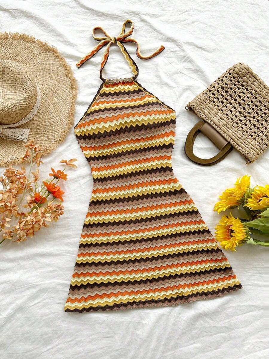 Soleia Holiday Halter Neck Backless Color-Block Texture Dress,Sun Dress
