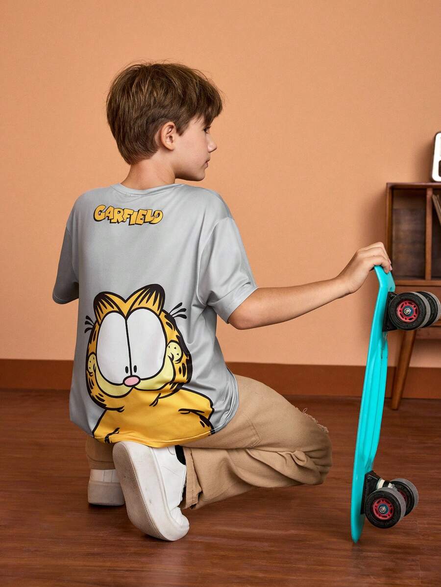 GARFIELD X SHEIN Ragazzo Tween Grigio Maglietta a manica corta con stampa di cartoni animati casual ampia e con collo rotondo, estate