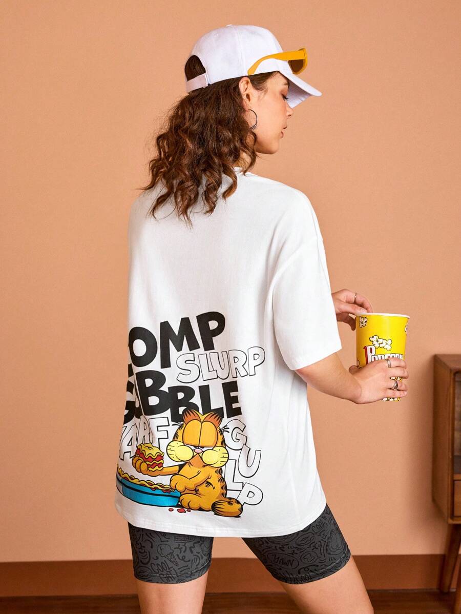 GARFIELD X SHEIN Women Casual Cartoon And Letter Printed Graphic Oversized Drop Shoulder White Summer T-Shirt With CHOMP SLURP GOBBLE NARFGULP Pattern, Unisex