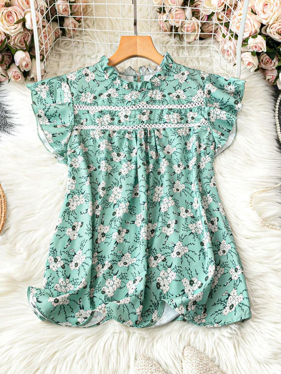 Celure Plus Size Women Summer Floral Printed Stand Collar Ruffle Cap Sleeve Loose Blouse