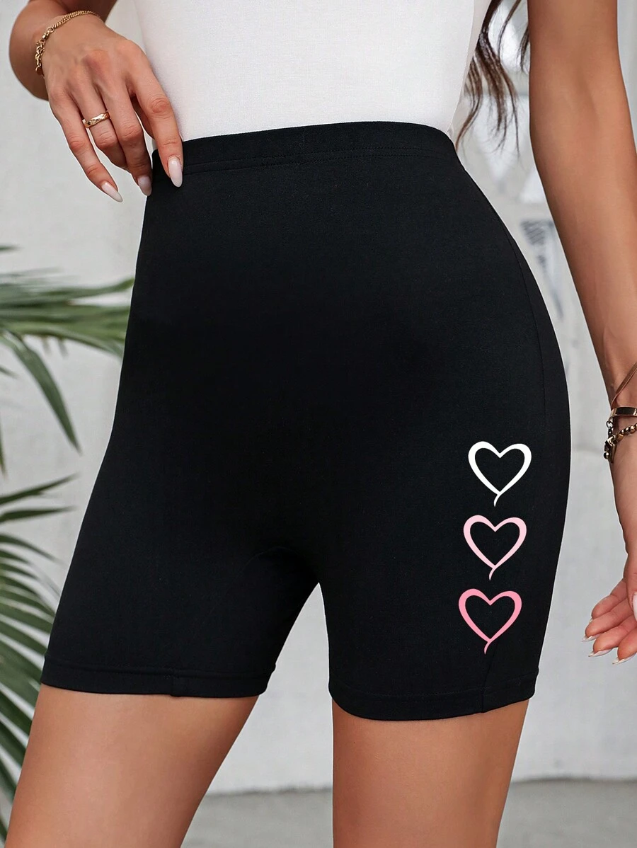 SHEIN LUNE Casual Knitted Heart Pattern Women Short Leggings, Summer Appropriate Love Love Love